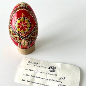 Pysanka Ukrainian Goose Size Easter Egg Vintage, Red With Explanation Sheet